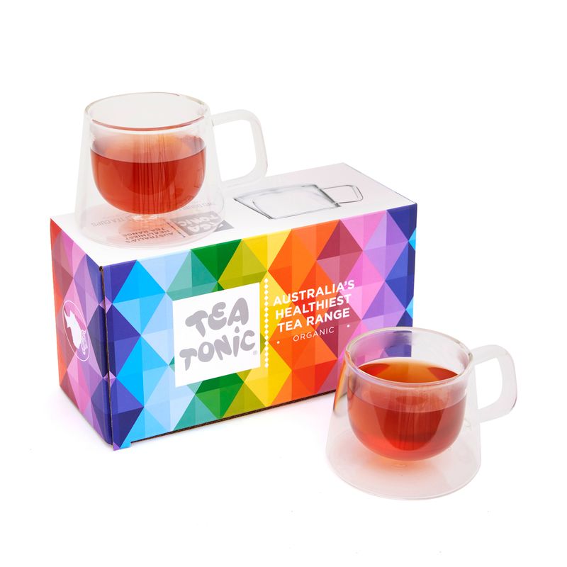 Two Double Walled Glass Tea Cups - Square Handle