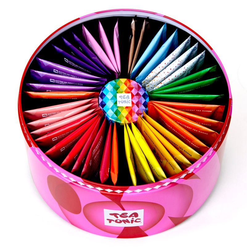 Energising Selection Round Tin - 40 Energising Gourmet Teas + Mini Tin of Red Sugar Hearts