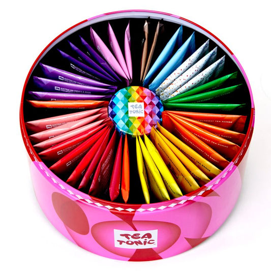 Energising Selection Round Tin - 40 Energising Gourmet Teas + Mini Tin of Red Sugar Hearts
